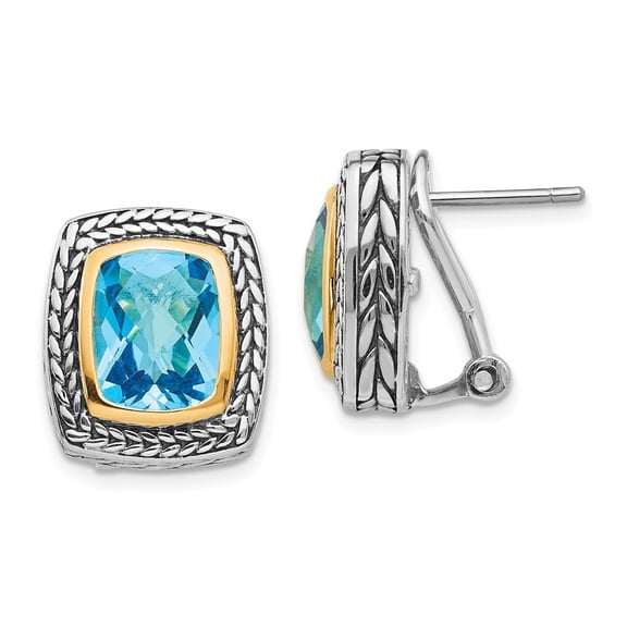 Auriga 925 Sterling Silver w/14K Accent Antiqued Cushion Bezel Swiss Blue Topaz Stud Earrings