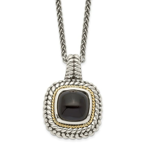 Auriga 925 Sterling Silver with 14K Accent Antiqued Cabochon Black Onyx Necklace for Women 18"