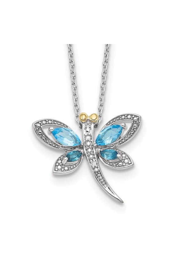 925 Sterling Silver with 14K Accent Rhodium-plated Light Blue Topaz and London Blue Topaz and Diamond Dragonfly Necklace for Women 20"