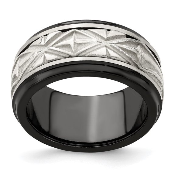 Auriga Black Ti & Sterling Silver Inlay Polished Fancy Design Ring Size 8