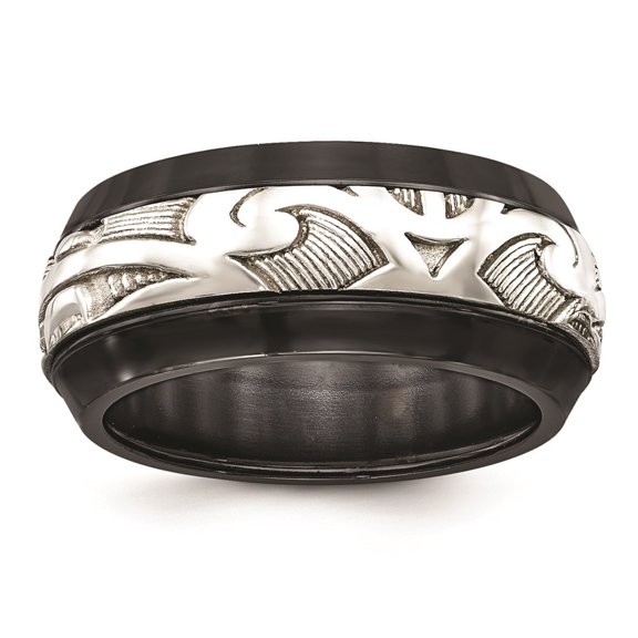 Auriga Black Titanium & Sterling Silver Inlay Polished Scroll Ring Size 14