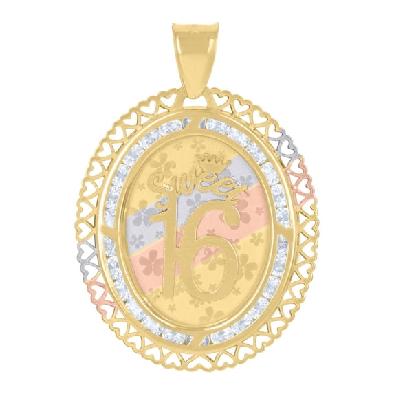 Auriga Fine Jewelry 10K Tri-Color Gold CZ Hearts Border Sweet 16 Quinceanera Charm Pendant for Women