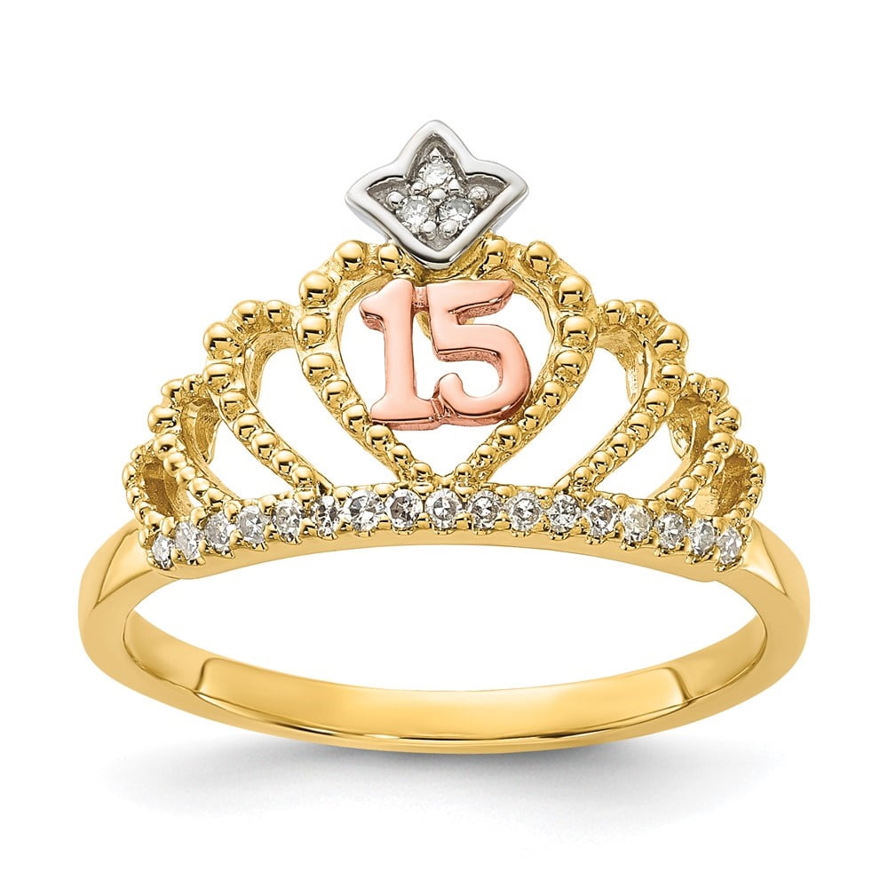 10 Karat Einfarbiges Gelbgold CZ Krone Süß 15 Ringe Quinceanera Anos