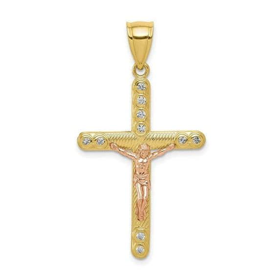 Auriga Fine Jewelry 10K Two-Tone Gold Cubic Zirconia Crucifix Cross Pendant for Women (L- 40 mm, W- 21 mm)