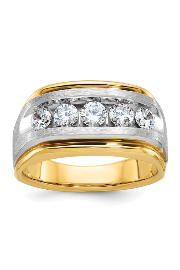 Fine Jewelry Father's Day Gift 10K Two-tone Gold Men's Satin and Grooved 5-Stone 1 Carat Diamond Ring Size- 10