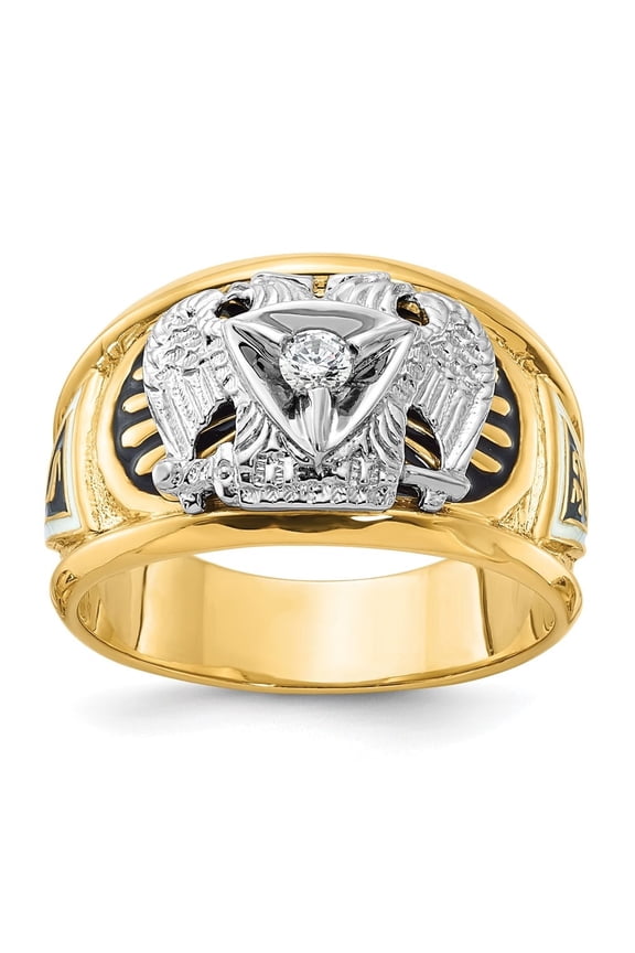 Fine Jewelry 10K Two-tone Gold Men's Polished with Black and White Enameled and Diamond 32nd Degree Scottish Rite Masonic Ring Size- 10