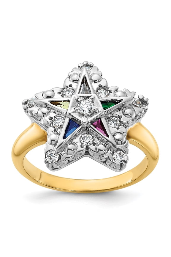Fine Jewelry 10K Two-tone Gold Polished and Multi-color CZ and Diamond Eastern Star Masonic Ring for Women Size- 7