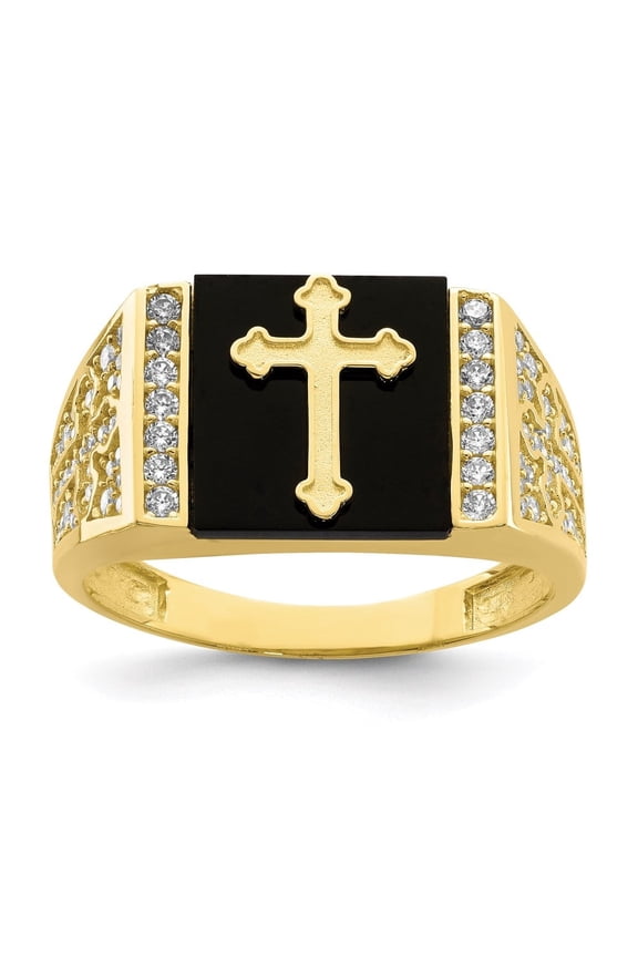 Fine Jewelry 10K Yellow Gold CZ and Onyx Cross Men's Ring Size 10
