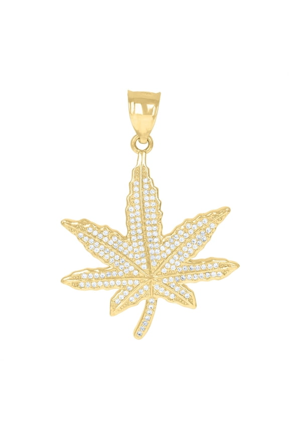 Fine Jewelry 10K Yellow Gold Cubic-Zirconia Marijuana Leaf Charm Pendant for Men