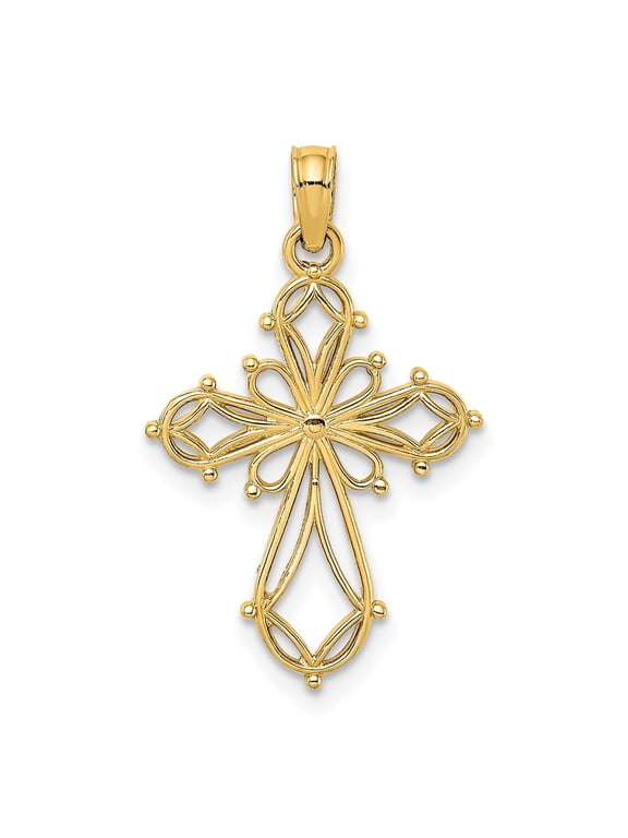 Fine Jewelry 10K Yellow Gold Cut-Out Fancy Cross Charm Pendant for Women (L-25.65 mm,W-15 mm)