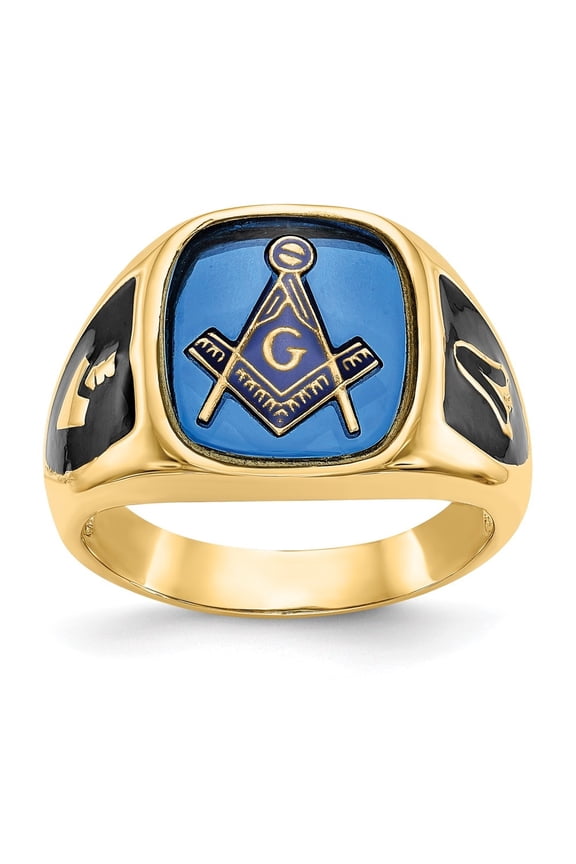 Fine Jewelry 10K Yellow Gold Men's Polished, Antiqued and Textured with Imitation Blue Spinel Masonic Ring Size- 10