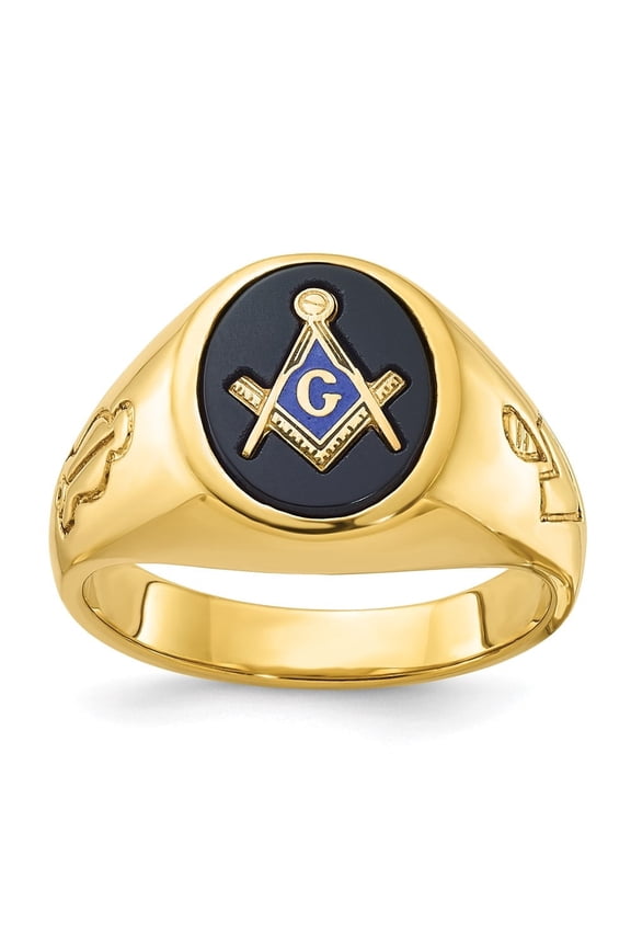 Fine Jewelry 10K Yellow Gold Men's Polished and Grooved with Oval Onyx Blue Lodge Master Masonic Ring Size 10