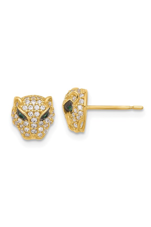 Fine Jewelry 10K Yellow Gold Polished Clear & Green CZ Lioness Head Post Stud Earrings for Women