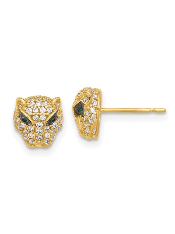 Fine Jewelry 10K Yellow Gold Polished Clear & Green CZ Lioness Head Post Stud Earrings for Women