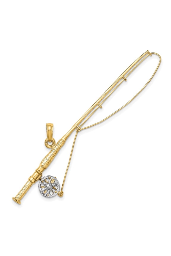 Fine Jewelry 10K Yellow Gold w/Rhodium 3-D Fly Rod Fishing Pole Charm for Women (L-18.3 mm, W-64.25 mm)