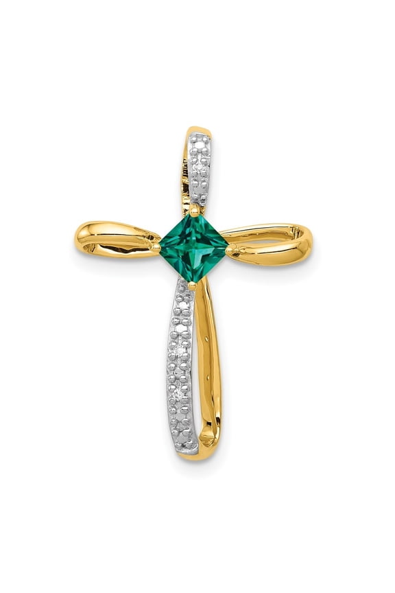 Fine Jewelry 10K Yellow Gold with Rh Lab Created Emerald and Diamond Cross Pendant for Women (L-24.6mm, W-17.3mm)