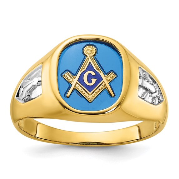 Auriga Fine Jewelry 10K Yellow Gold with White Rhodium Men's Lab Created Sapphire Blue Lodge Master Masonic Ring Size- 10