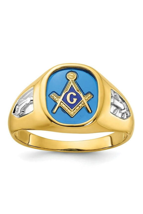 Fine Jewelry 10K Yellow Gold with White Rhodium Men's Lab Created Sapphire Blue Lodge Master Masonic Ring Size- 10