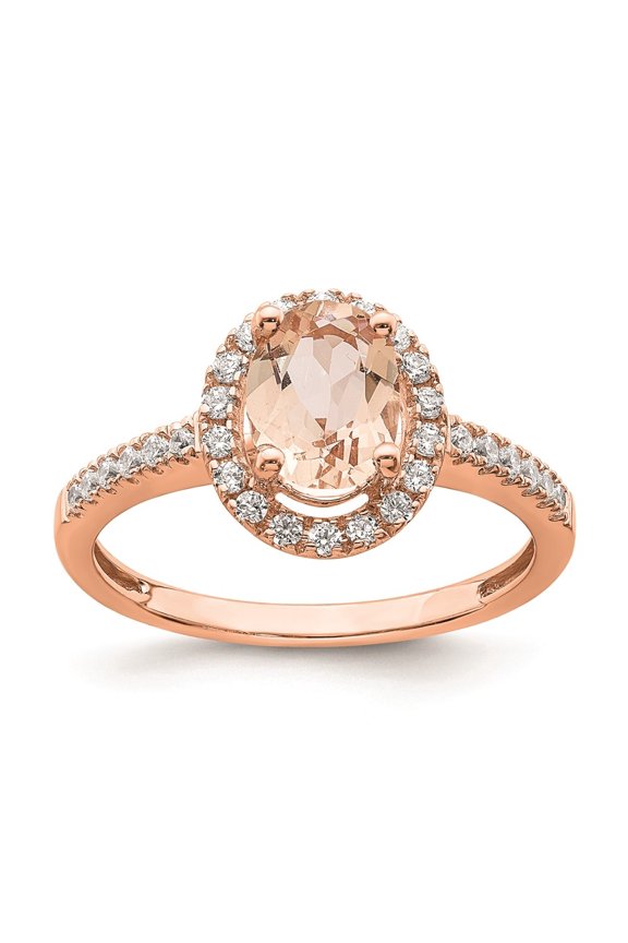 Fine Jewelry 14K Rose Gold Halo 8x6 Oval Morganite and Diamond Complete Engagement Ring for Women Size 7 (0.3ct, Clarity- I1)