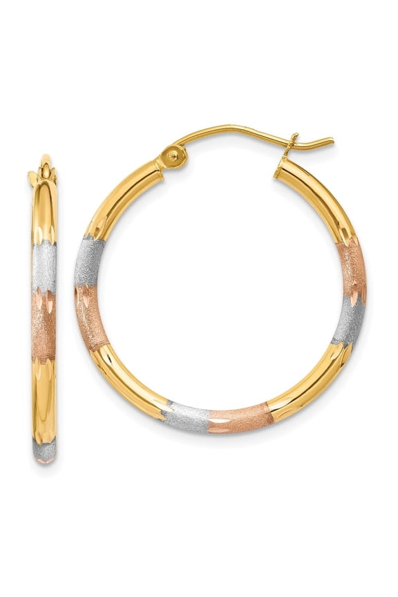 Fine Jewelry 14K Tri-Color Gold 2mm Hoop Earrings for Women (L- 22mm, W- 2mm)