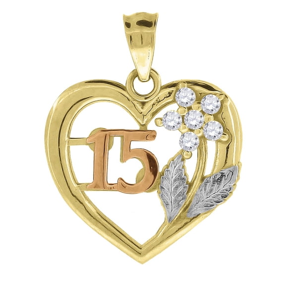 Auriga Fine Jewelry 14K Tri-Color Gold CZ 15 Anos Heart Charm Pendant (L- 20.1mm, W- 15.7mm) for Women