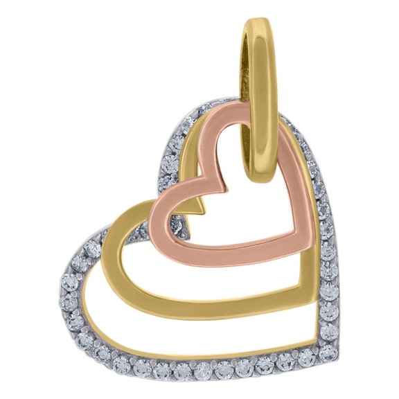 Auriga Fine Jewelry 14K Tri-Color Gold CZ Three Open Hearts Charm Pendant (L- 22.7mm, W- 16.3mm) for Women