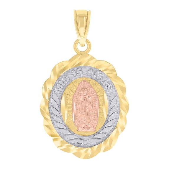 Auriga Fine Jewelry 14K Tri-Color Gold Mis 15 Anos Quinceanera Charm Pendant for Women (L- 24.4mm, W- 15.2mm)