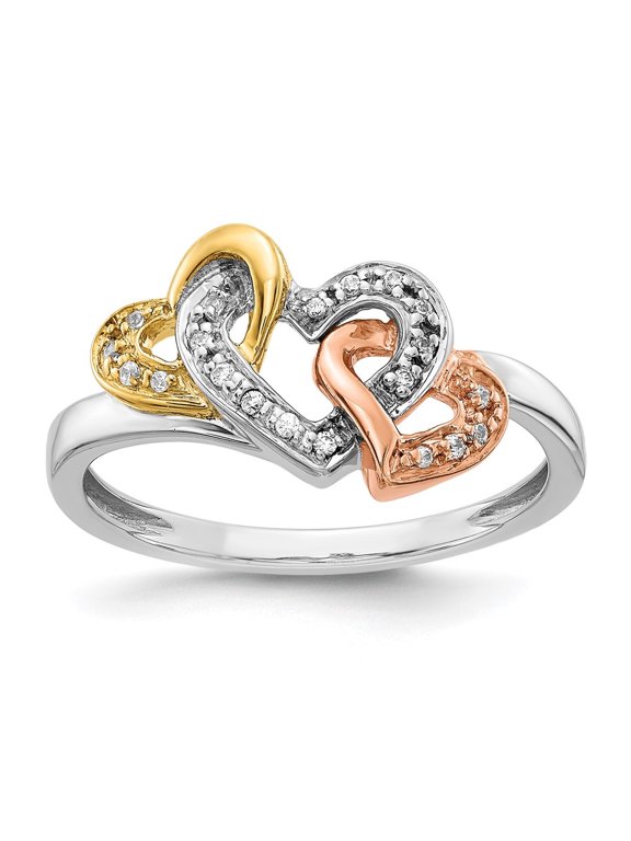 Fine Jewelry 14K Tri-color Gold Diamond Triple Heart Ring Size 7for Women