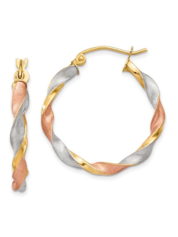 Fine Jewelry 14K Tri-color Gold Satin Twisted Hoop Earrings for Women (L- 28mm, W- 25mm)