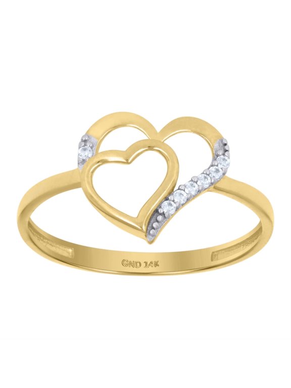 Fine Jewelry 14K Two-Tone Gold CZ Double Heart Ring Size7 for Women