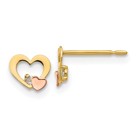 Auriga Fine Jewelry 14K Two-Tone Gold CZ Heart Stud Earrings (L - 5mm, W - 6mm) for Women