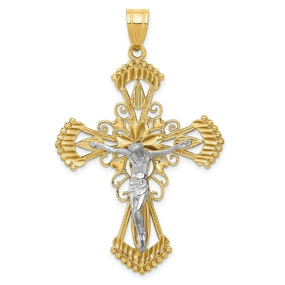 Auriga Fine Jewelry 14K Two-Tone Gold Diamond-Cut Crucifix Cross Pendant for Women (L- 56 mm, W- 35 mm)