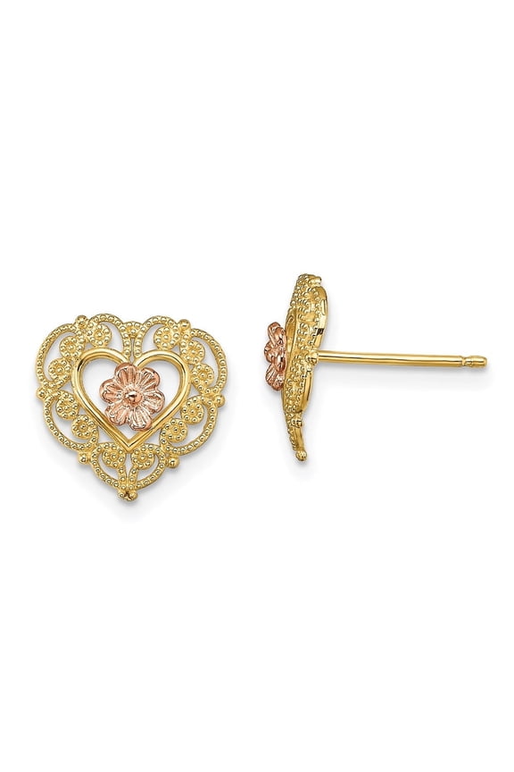 Fine Jewelry 14K Two-Tone Gold Lace Trim Flower Heart Stud Earrings (L- 11mm, W- 11.85mm) for Women