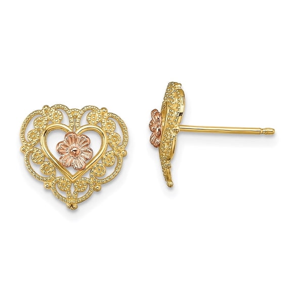 Auriga Fine Jewelry 14K Two-Tone Gold Lace Trim Flower Heart Stud Earrings (L- 11mm, W- 11.85mm) for Women