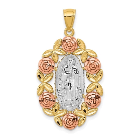 Auriga Fine Jewelry 14K Two-Tone Gold with Rhodium Lady Of Guadalupe Pendant for Women (L - 35.5mm, W - 19.4mm)