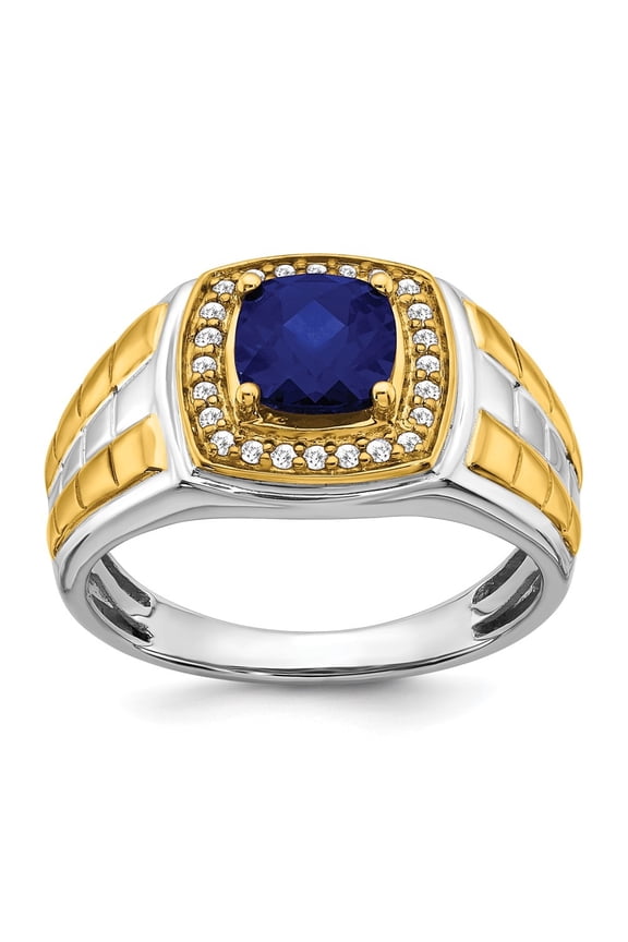 Fine Jewelry 14K Two-tone Gold Created Sapphire and Men's Diamond Ring Size 10
