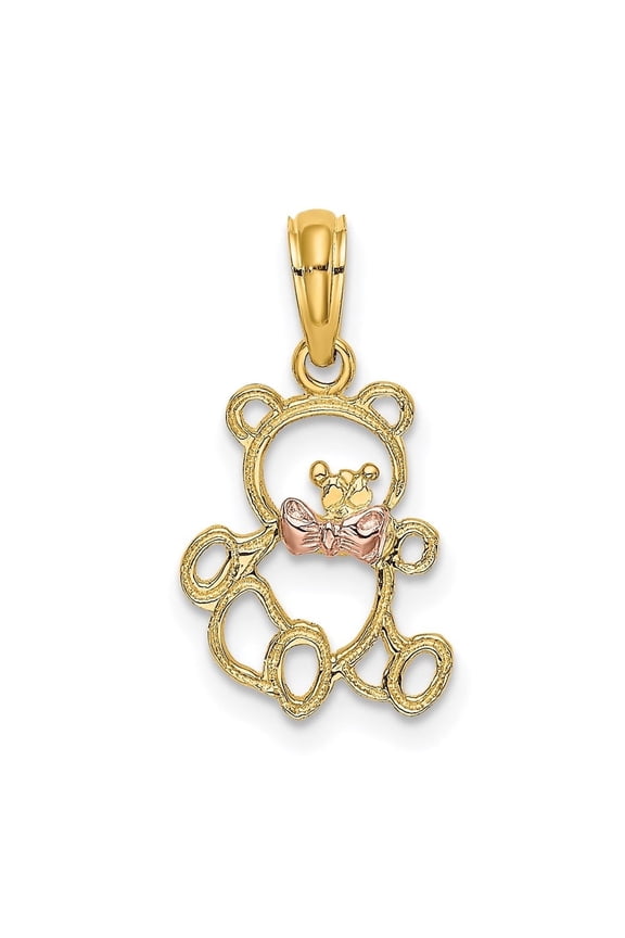 Fine Jewelry 14K Two-tone Gold Cut-out Teddy Bear w/ Bow Tie Charm (L - 16.7 mm, W - 10.8 mm)