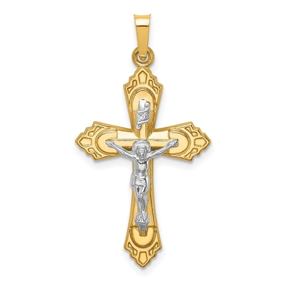Auriga Fine Jewelry 14K Two-tone Gold Hollow Polished Fleur de Lis Crucifix Cross Pendant for Women