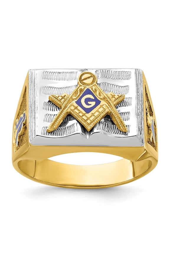 Fine Jewelry 14K Two-tone Gold Men's Blue Enamel Blue Lodge Master Masonic Ring Size 10