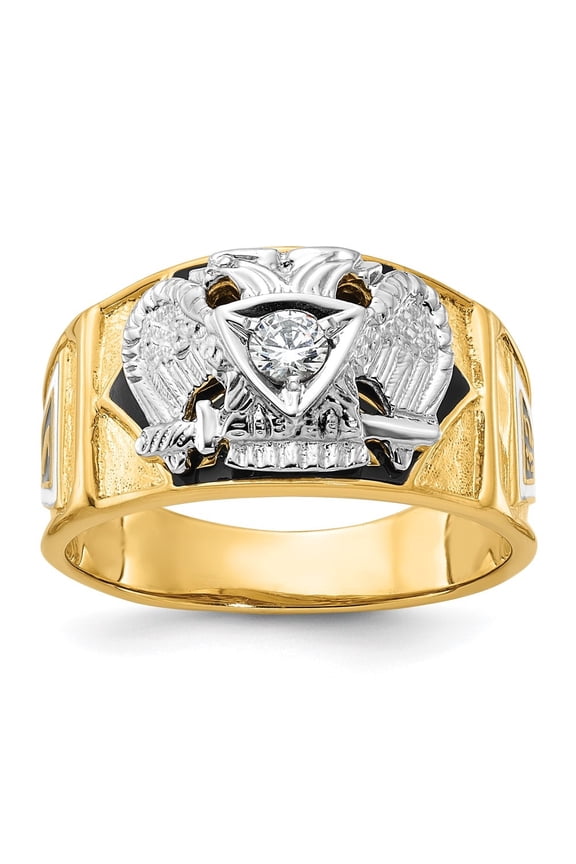 Fine Jewelry 14K Two-tone Gold Men's Textured with Diamond 32nd Degree Scottish Rite Masonic Ring Size 10