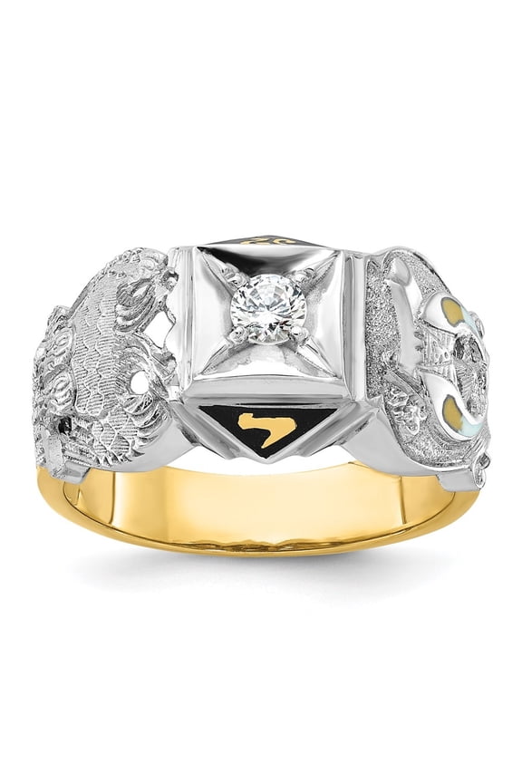 Fine Jewelry 14K Two-tone Gold Men's with Black Enamel and Diamond Double Eagle Masonic Shriner's Ring Size 10