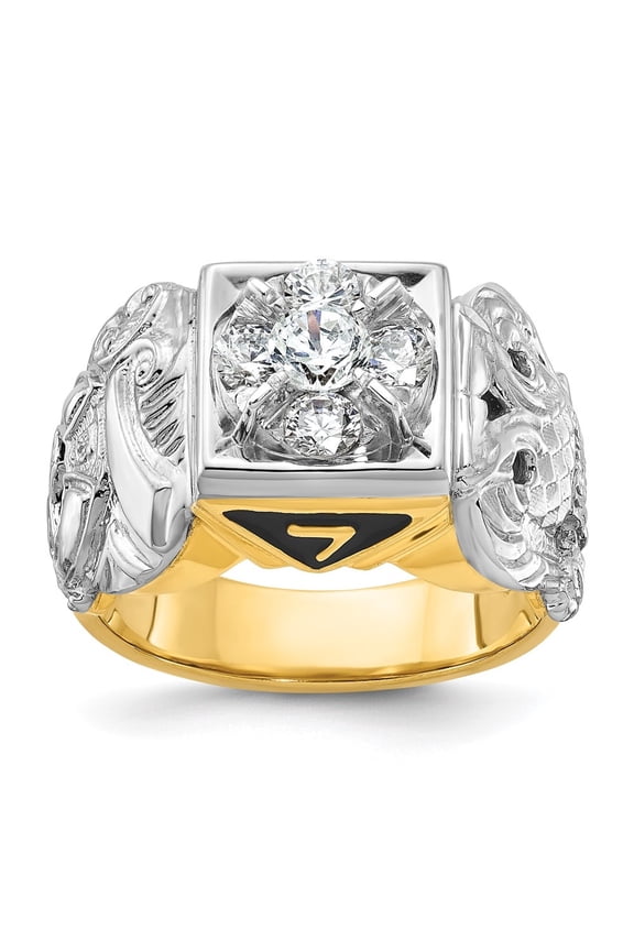 Fine Jewelry 14K Two-tone Gold Men's with Black Enamel and Diamond Double Eagle Masonic Shriner's Ring Size 10