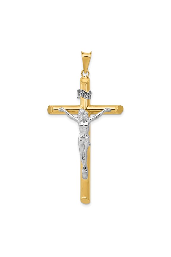 Fine Jewelry 14K Two-tone Gold Polished Crucifix Cross Pendant for Women (L - 57mm, W - 29mm)