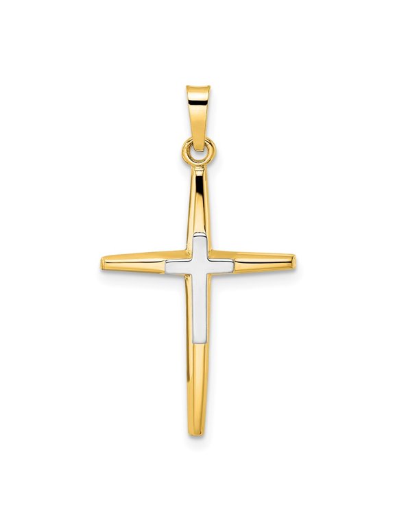 Fine Jewelry 14K Two-tone Gold Polished Solid Double Cross Pendant for Women (L-32mm, W-18mm)