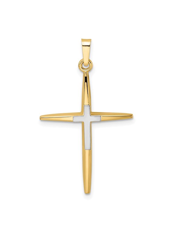 Fine Jewelry 14K Two-tone Gold Polished Solid Double Cross Pendant for Women (L-34mm, W-21.1mm)
