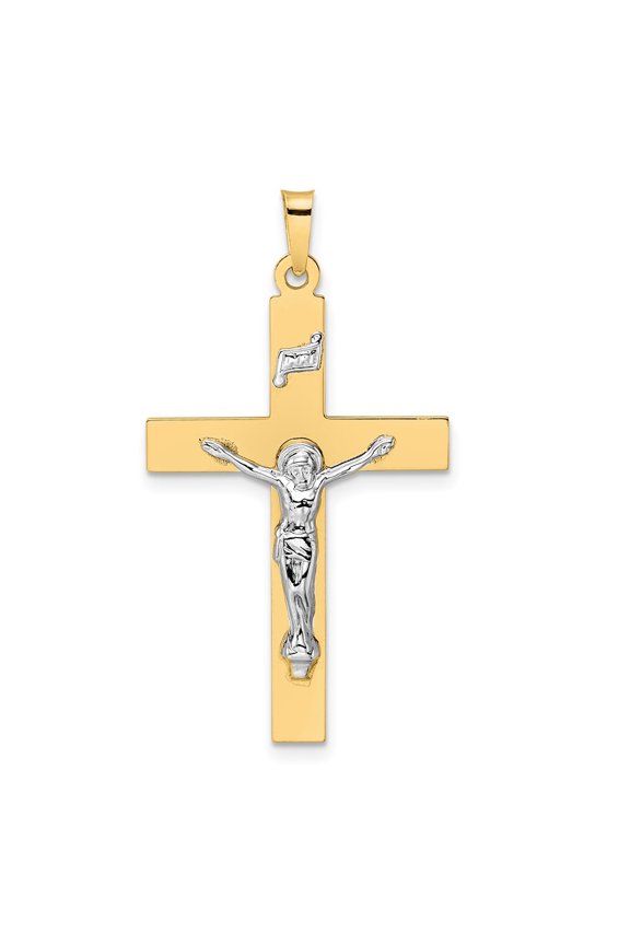 Fine Jewelry 14K Two-tone Gold Polished Solid INRI Crucifix Cross Pendant for Women (L-39.25mm, W-21.6mm)