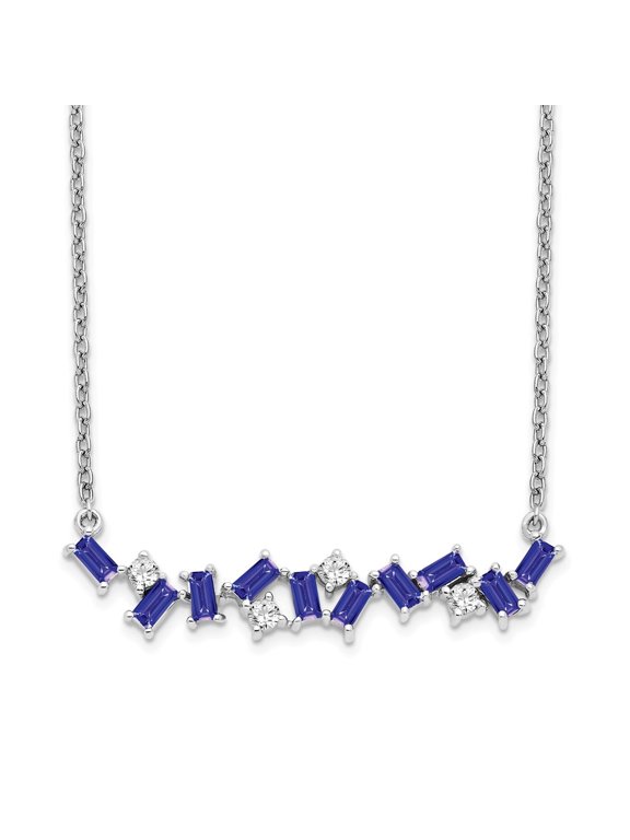 Fine Jewelry 14K White Gold 1.9 mm Tanzanite and Diamond Bar Necklace for Women 18"