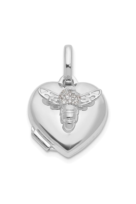 Fine Jewelry 14K White Gold CZ Bee Heart Locket (L- 18mm, W- 12.1mm) for Women