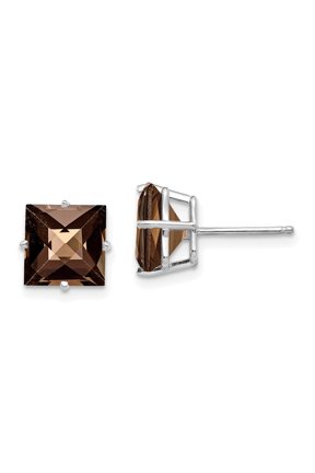 Fine Jewelry 14K White Gold Checker-cut Smoky Quartz Stud Earrings for Women (L- 0.36 inch, W- 0.36 inch)