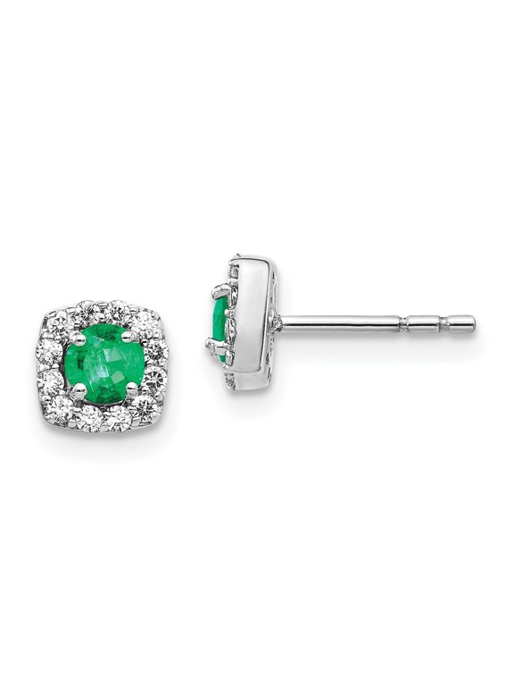 Fine Jewelry 14K White Gold Diamond and Emerald Square Halo Earrings for Women
